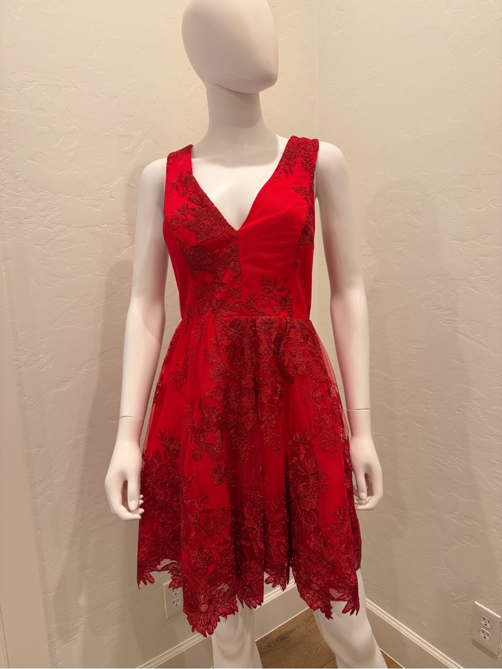 Red Lace V-Neck Mini Dress